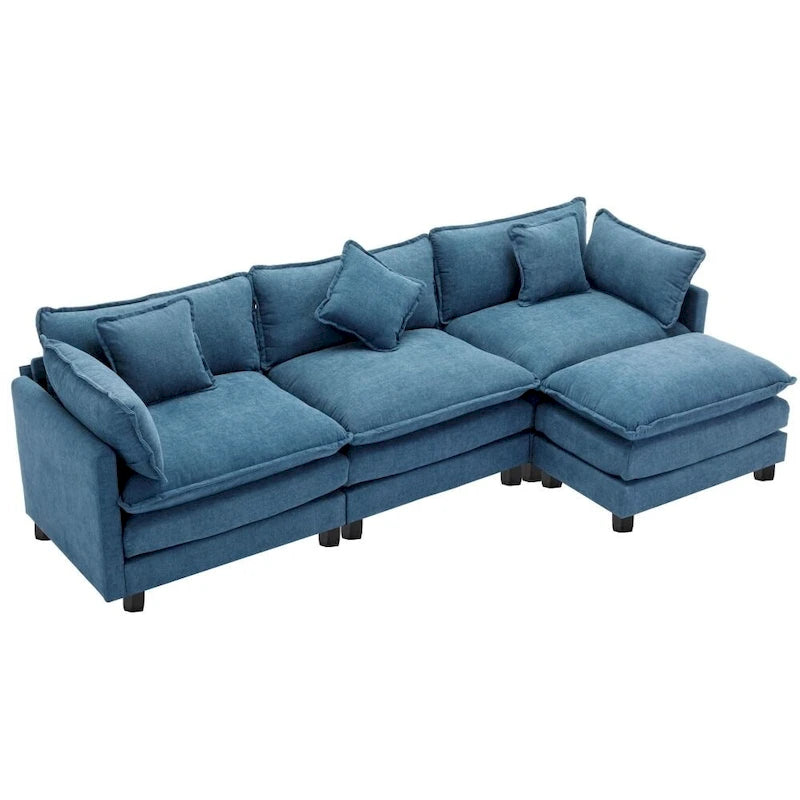 Divano Sezionale a L in ciniglia bianco/grigio/blu con pouf, 3–4 posti