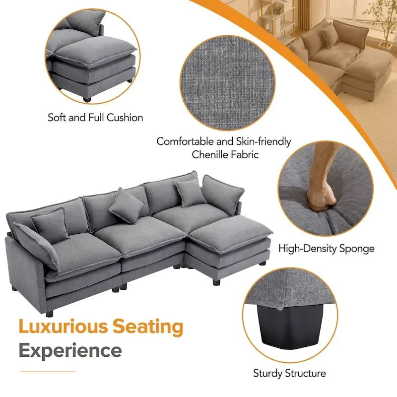 Divano Sezionale a L in ciniglia bianco/grigio/blu con pouf, 3–4 posti