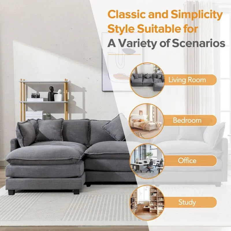 Divano Sezionale a L in ciniglia bianco/grigio/blu con pouf, 3–4 posti