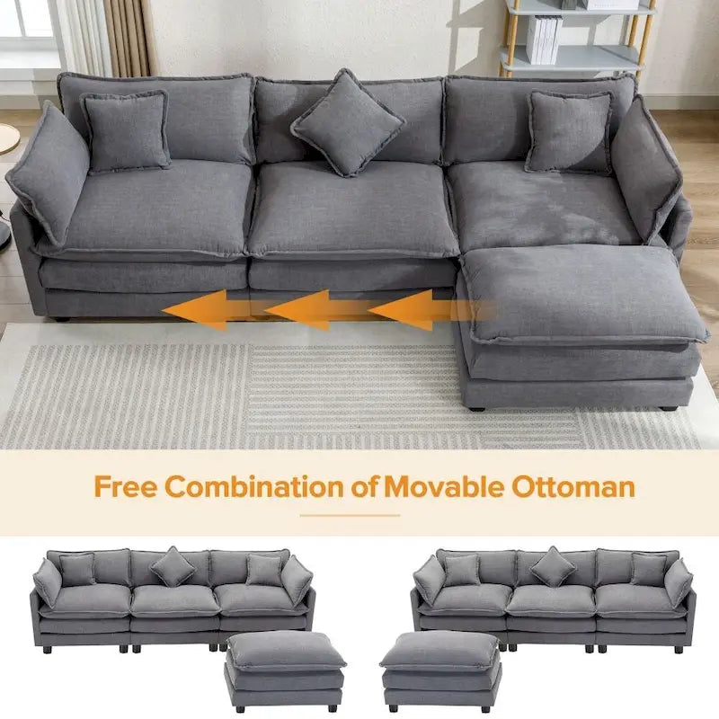 Divano Sezionale a L in ciniglia bianco/grigio/blu con pouf, 3–4 posti