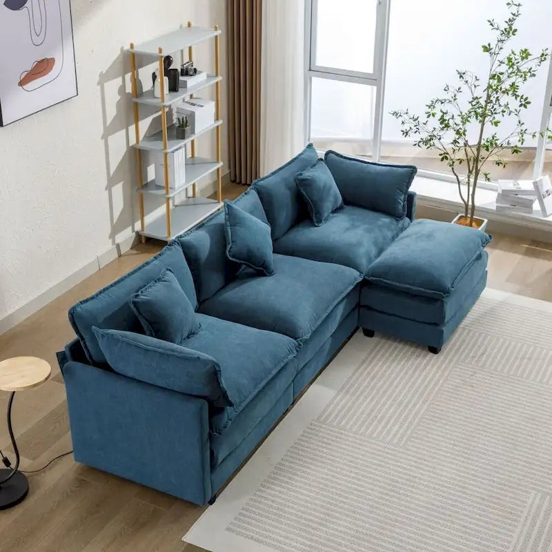 Divano Sezionale a L in ciniglia bianco/grigio/blu con pouf, 3–4 posti