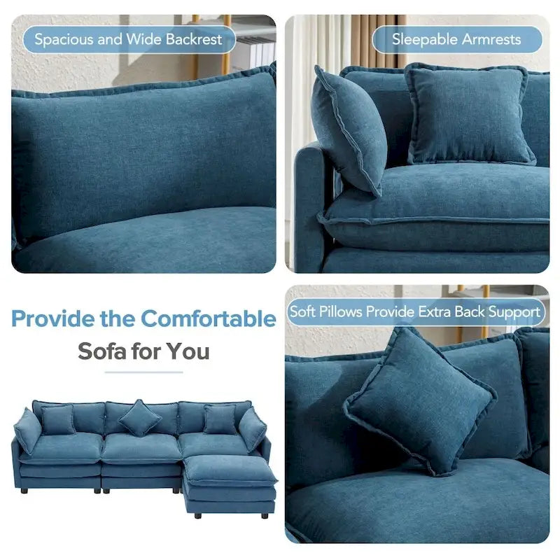 Divano Sezionale a L in ciniglia bianco/grigio/blu con pouf, 3–4 posti
