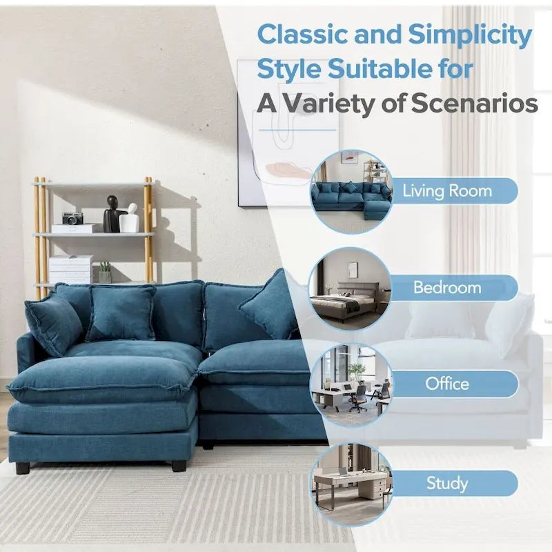 Divano Sezionale a L in ciniglia bianco/grigio/blu con pouf, 3–4 posti
