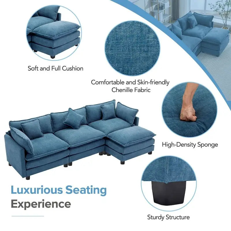 Divano Sezionale a L in ciniglia bianco/grigio/blu con pouf, 3–4 posti