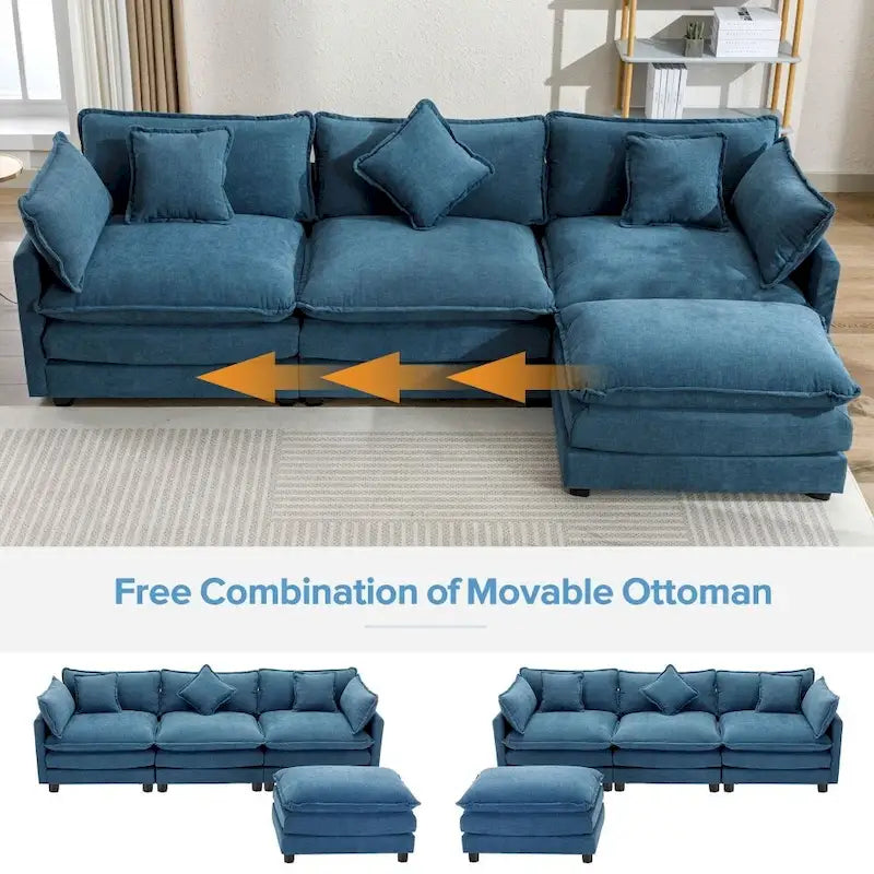 Divano Sezionale a L in ciniglia bianco/grigio/blu con pouf, 3–4 posti