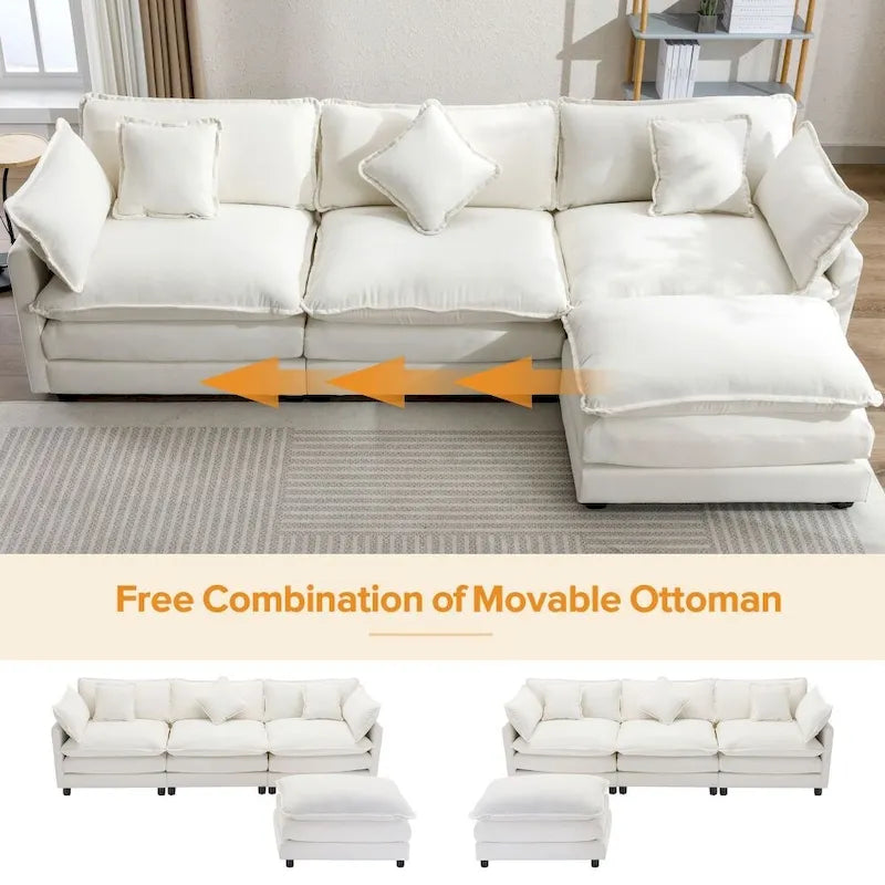 Divano Sezionale a L in ciniglia bianco/grigio/blu con pouf, 3–4 posti