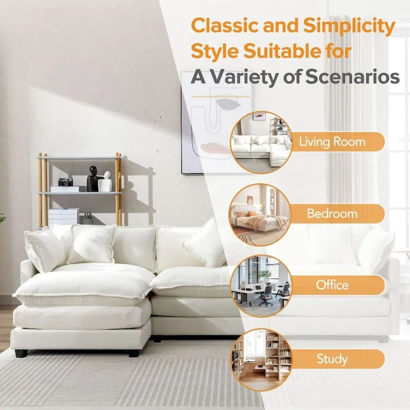 Divano Sezionale a L in ciniglia bianco/grigio/blu con pouf, 3–4 posti