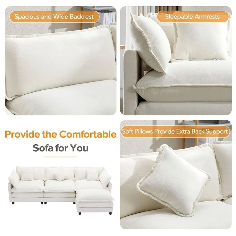 Divano Sezionale a L in ciniglia bianco/grigio/blu con pouf, 3–4 posti