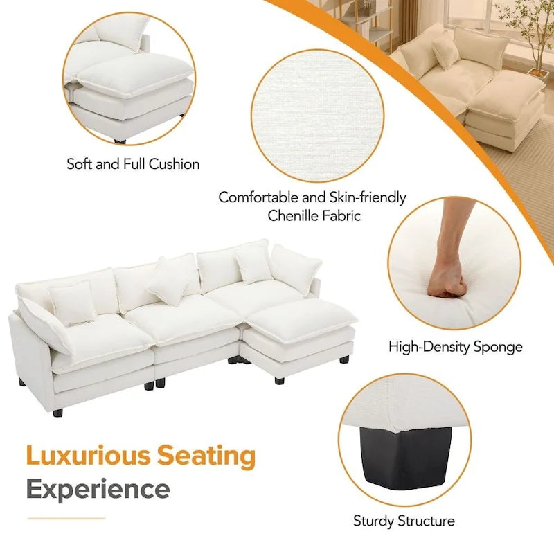 Divano Sezionale a L in ciniglia bianco/grigio/blu con pouf, 3–4 posti