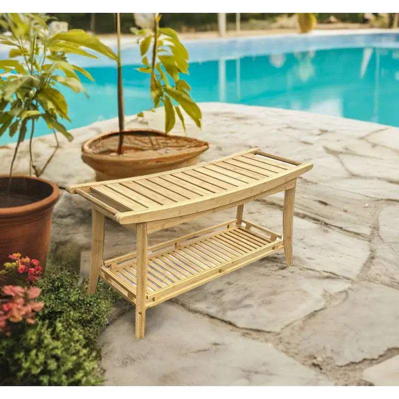Panchina Spa in caramello/nero/bambù naturale, 2 posti, con ripiano portaoggetti