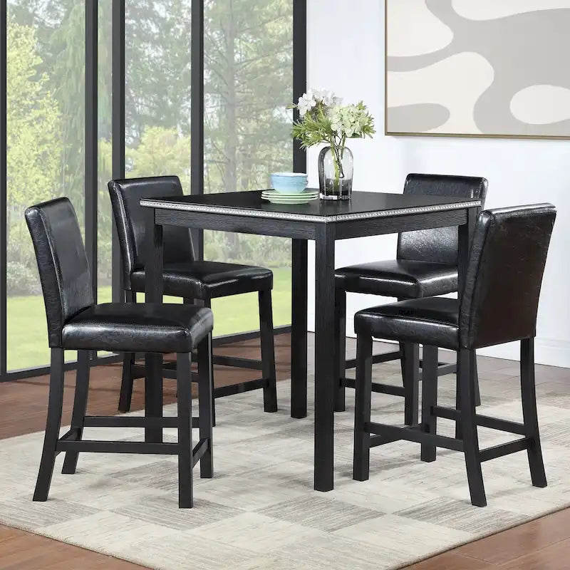 Set da pranzo ad altezza bancone grigio / nero / noce / bianco, tavolo quadrato + 4 sedie imbottite, 5 posti