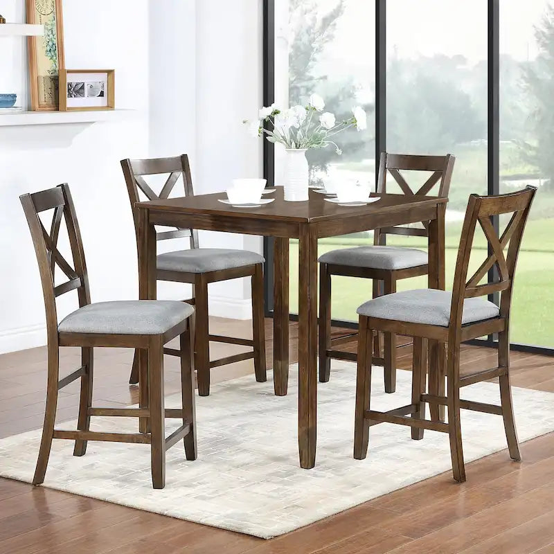 Set da pranzo ad altezza bancone grigio / nero / noce / bianco, tavolo quadrato + 4 sedie imbottite, 5 posti