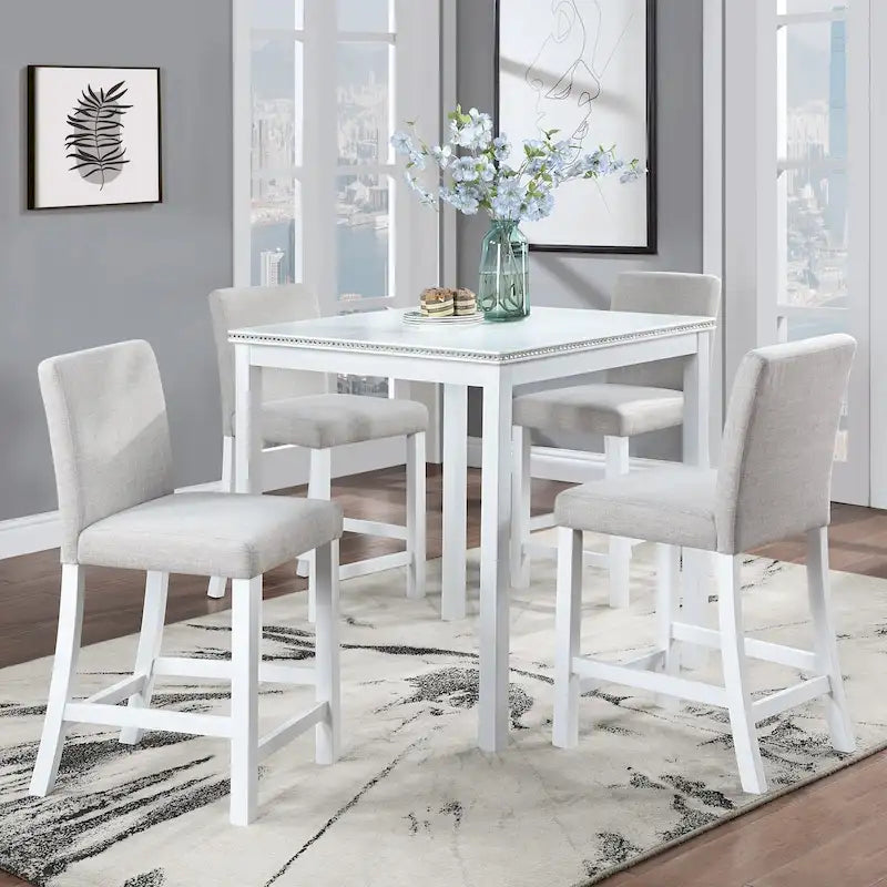 Set da pranzo ad altezza bancone grigio / nero / noce / bianco, tavolo quadrato + 4 sedie imbottite, 5 posti