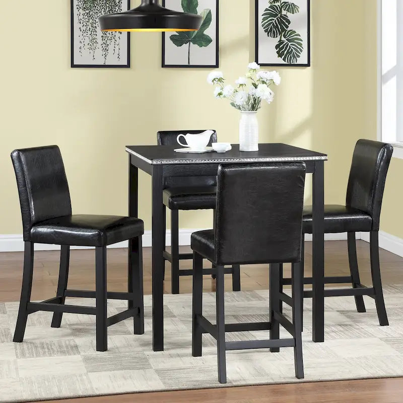 Set da pranzo ad altezza bancone grigio / nero / noce / bianco, tavolo quadrato + 4 sedie imbottite, 5 posti