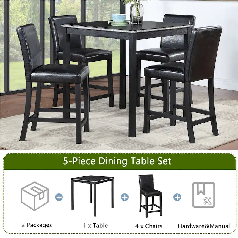 Set da pranzo ad altezza bancone grigio / nero / noce / bianco, tavolo quadrato + 4 sedie imbottite, 5 posti