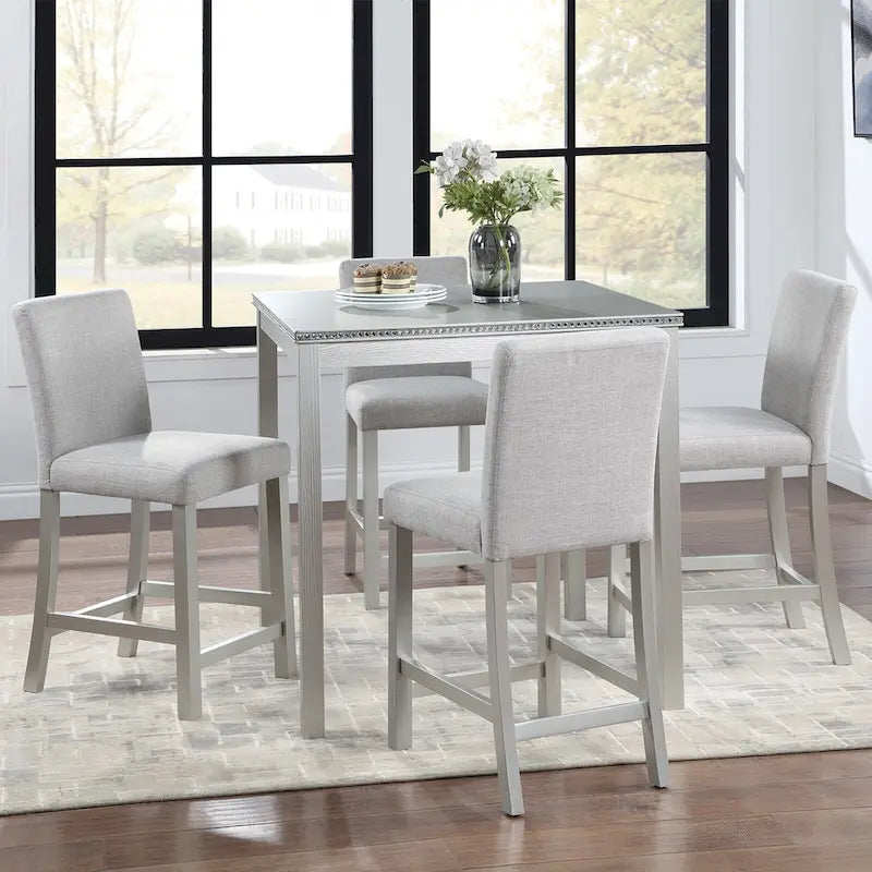 Set da pranzo ad altezza bancone grigio / nero / noce / bianco, tavolo quadrato + 4 sedie imbottite, 5 posti