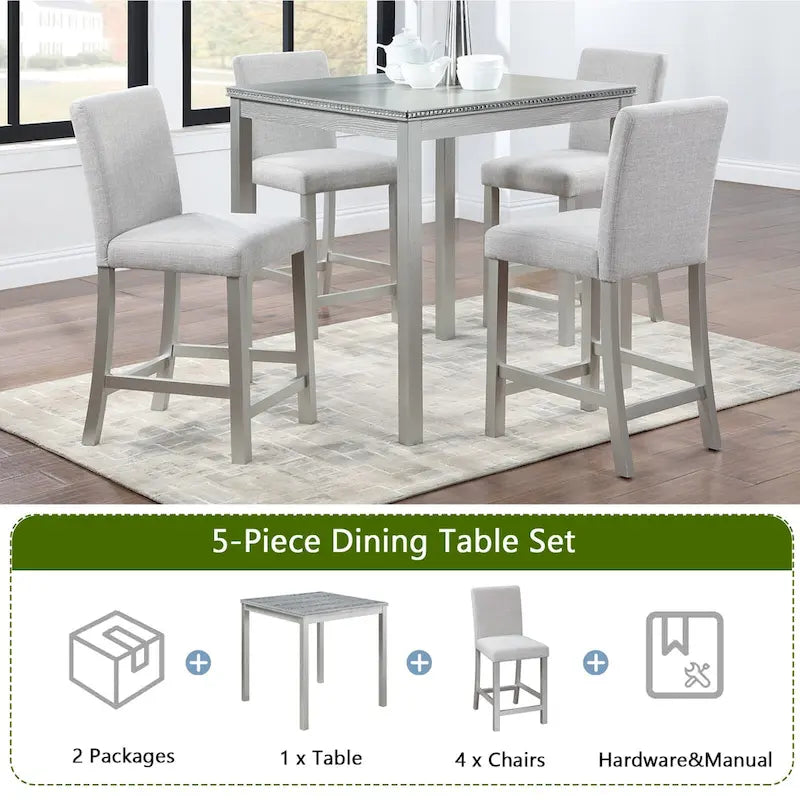 Set da pranzo ad altezza bancone grigio / nero / noce / bianco, tavolo quadrato + 4 sedie imbottite, 5 posti