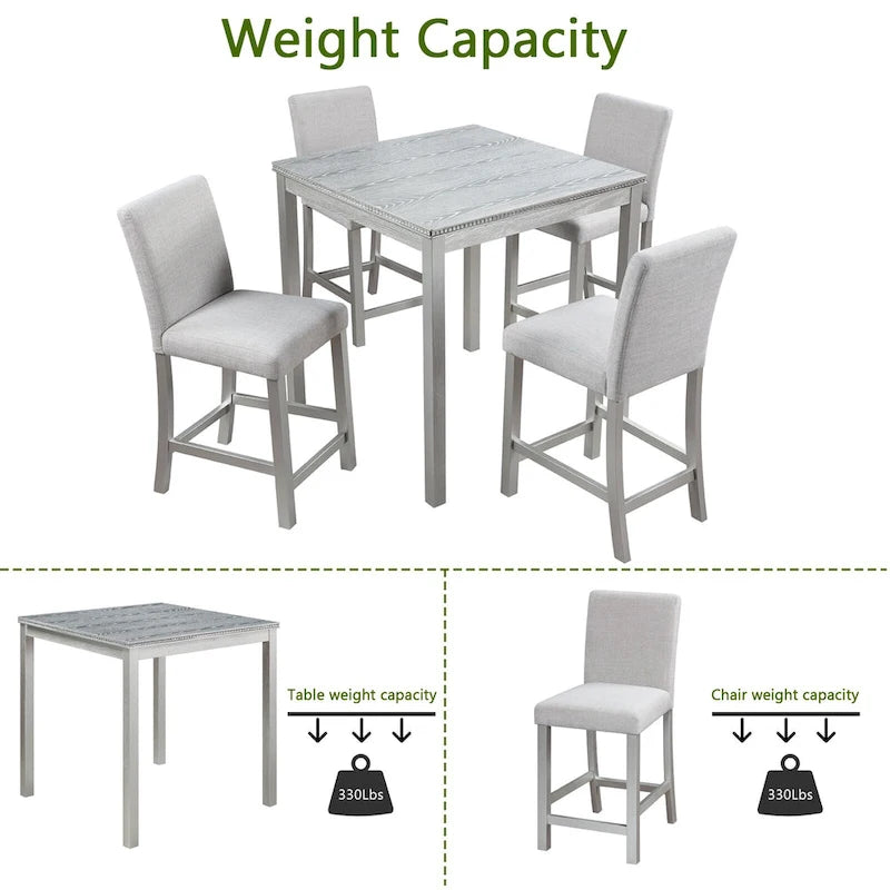 Set da pranzo ad altezza bancone grigio / nero / noce / bianco, tavolo quadrato + 4 sedie imbottite, 5 posti