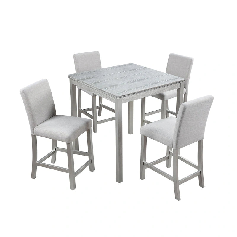 Set da pranzo ad altezza bancone grigio / nero / noce / bianco, tavolo quadrato + 4 sedie imbottite, 5 posti