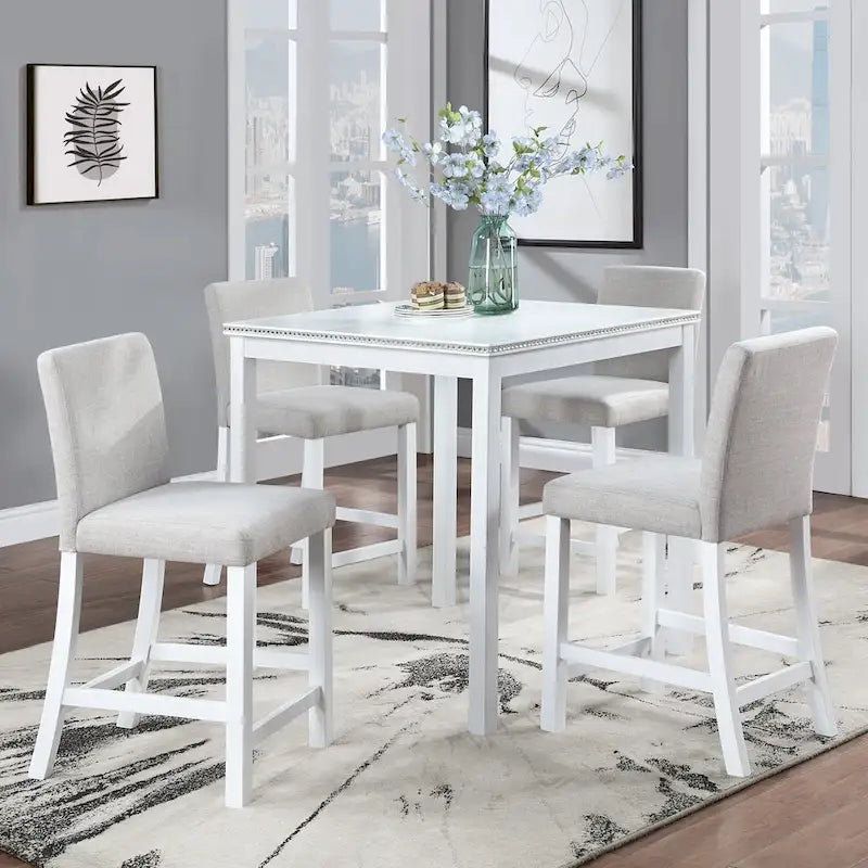 Set da pranzo ad altezza bancone grigio / nero / noce / bianco, tavolo quadrato + 4 sedie imbottite, 5 posti