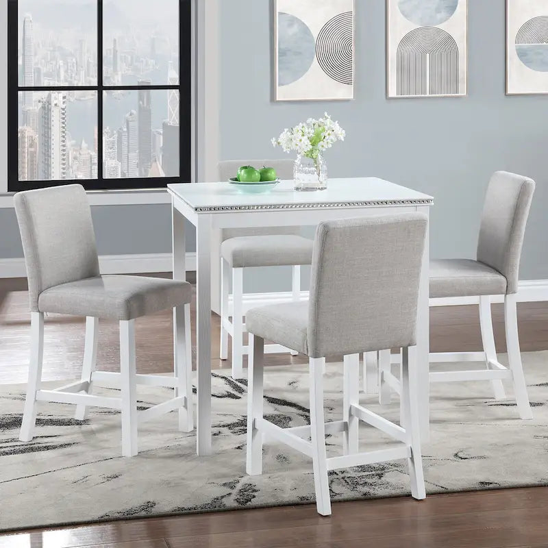Set da pranzo ad altezza bancone grigio / nero / noce / bianco, tavolo quadrato + 4 sedie imbottite, 5 posti