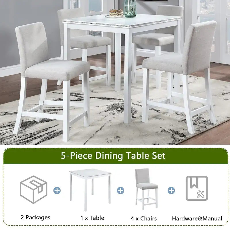 Set da pranzo ad altezza bancone grigio / nero / noce / bianco, tavolo quadrato + 4 sedie imbottite, 5 posti