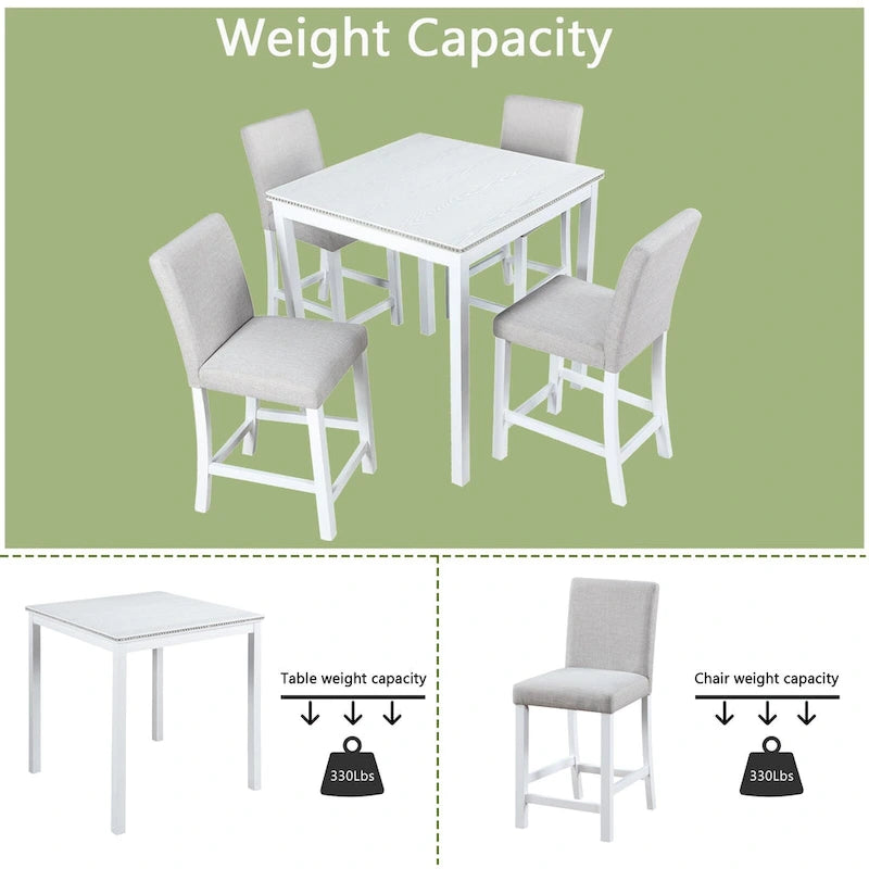 Set da pranzo ad altezza bancone grigio / nero / noce / bianco, tavolo quadrato + 4 sedie imbottite, 5 posti