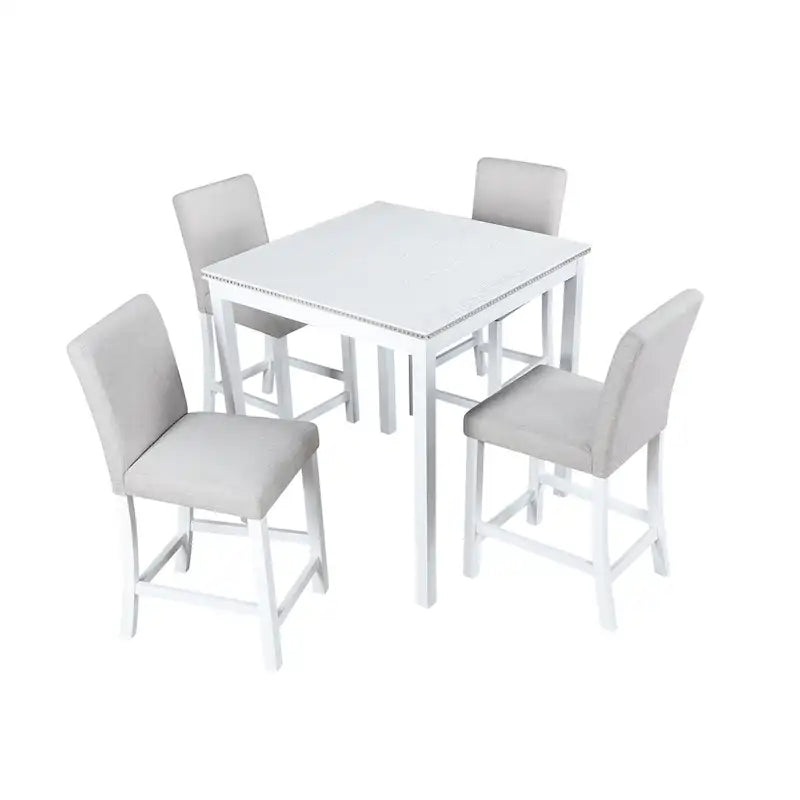 Set da pranzo ad altezza bancone grigio / nero / noce / bianco, tavolo quadrato + 4 sedie imbottite, 5 posti