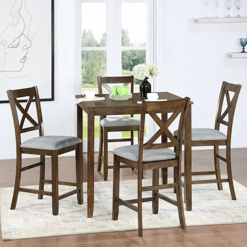 Set da pranzo ad altezza bancone grigio / nero / noce / bianco, tavolo quadrato + 4 sedie imbottite, 5 posti