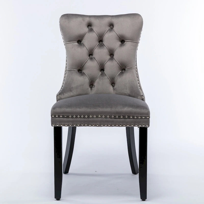 Sedie da pranzo in velluto con borchie, schienale alto, set da 2 (Quercia / Nero / Oro / Grigio)