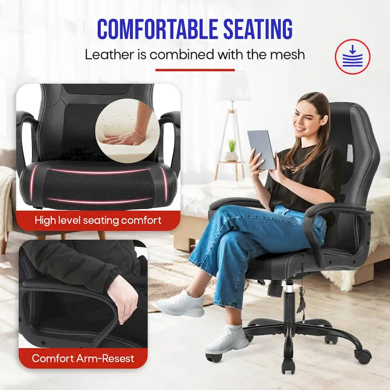 Sedia da ufficio girevole ergonomica in similpelle nera con massaggio lombare, per 1