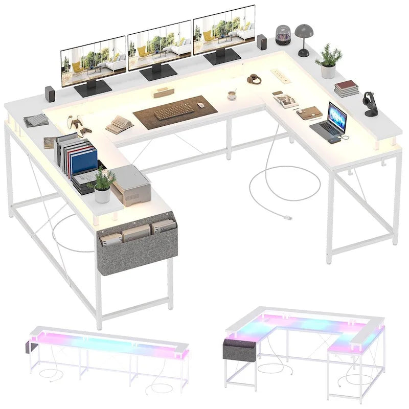 Scrivania a U Reversibile con Luci LED, Biposto, in Grigio/Bianco/Nero/Rosa/Marrone Ruggine