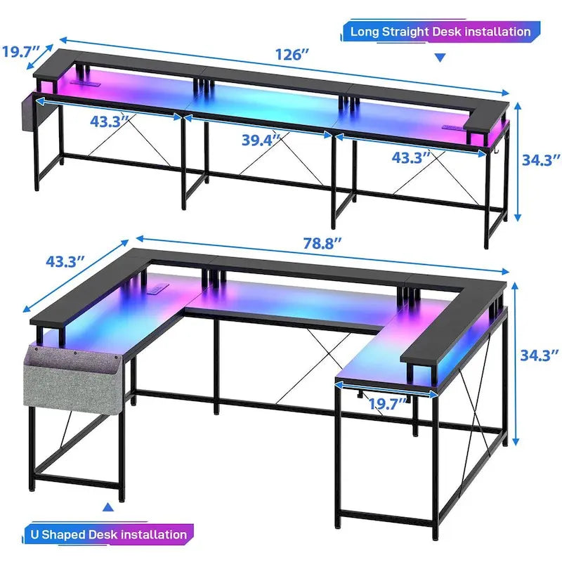Scrivania a U Reversibile con Luci LED, Biposto, in Grigio/Bianco/Nero/Rosa/Marrone Ruggine
