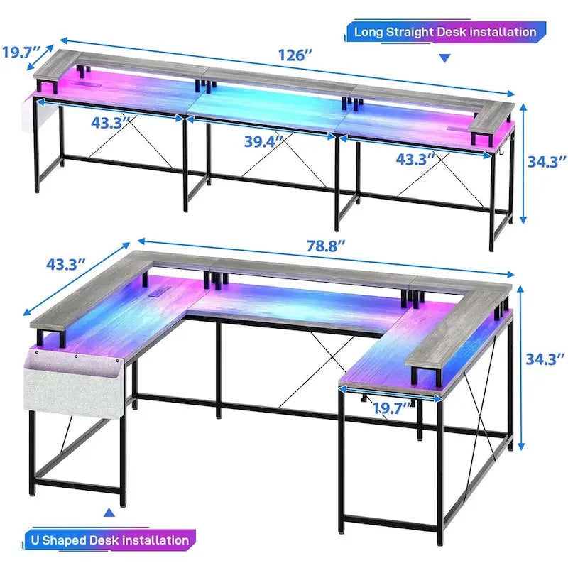 Scrivania a U Reversibile con Luci LED, Biposto, in Grigio/Bianco/Nero/Rosa/Marrone Ruggine