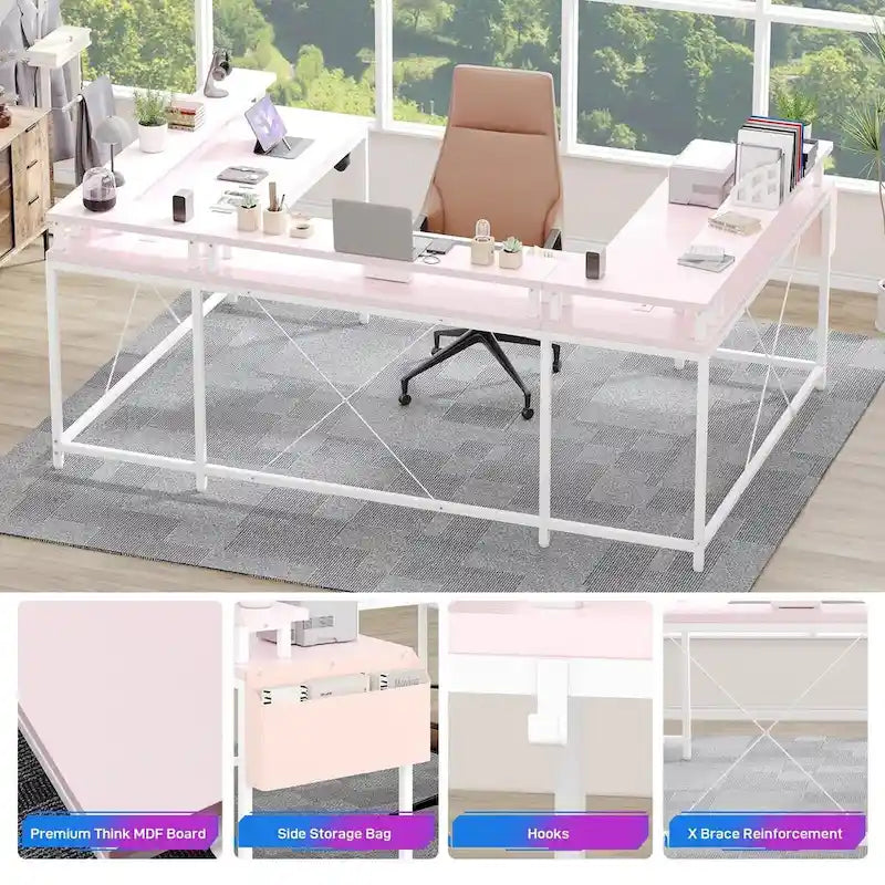 Scrivania a U Reversibile con Luci LED, Biposto, in Grigio/Bianco/Nero/Rosa/Marrone Ruggine