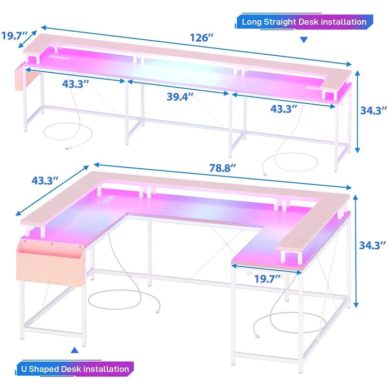 Scrivania a U Reversibile con Luci LED, Biposto, in Grigio/Bianco/Nero/Rosa/Marrone Ruggine