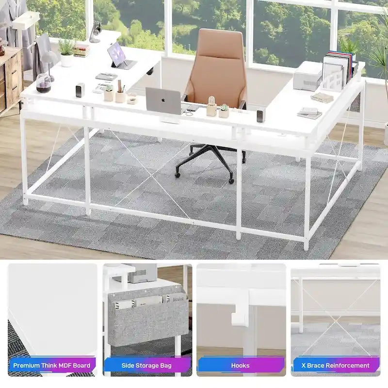 Scrivania a U Reversibile con Luci LED, Biposto, in Grigio/Bianco/Nero/Rosa/Marrone Ruggine