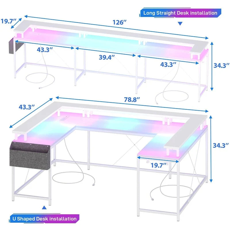 Scrivania a U Reversibile con Luci LED, Biposto, in Grigio/Bianco/Nero/Rosa/Marrone Ruggine