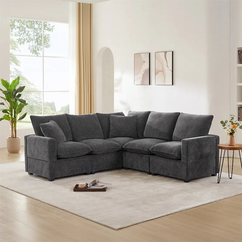 Divano componibile a L Black+Grey / White, in ciniglia, 4 posti, con 2 cuscini