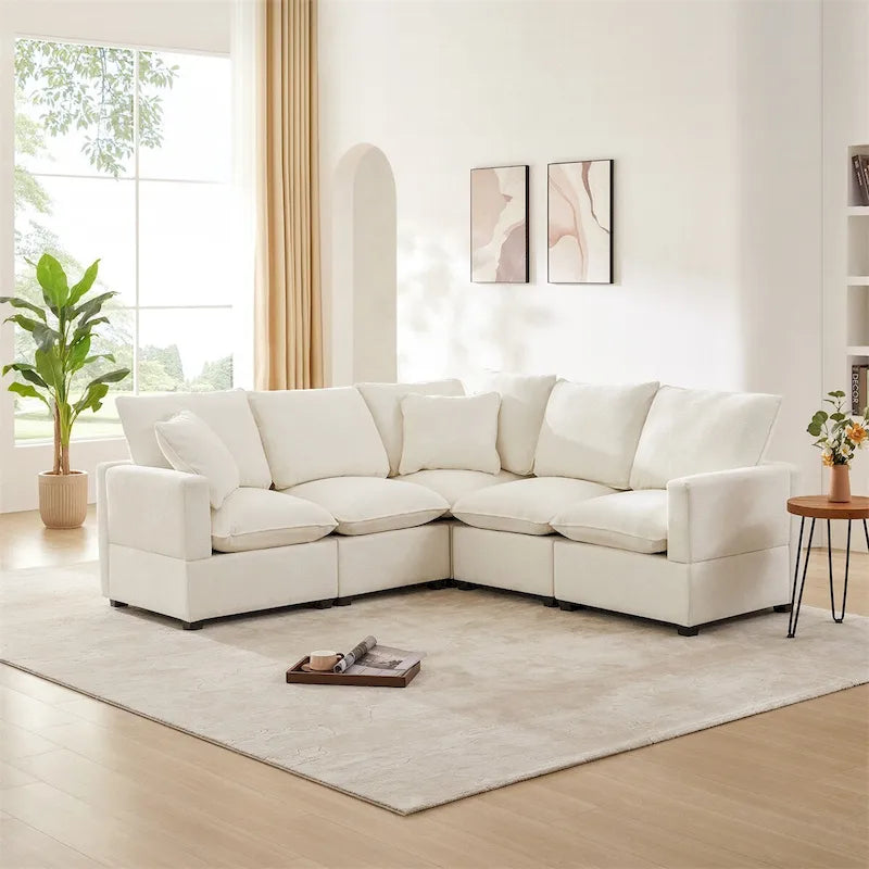 Divano componibile a L Black+Grey / White, in ciniglia, 4 posti, con 2 cuscini
