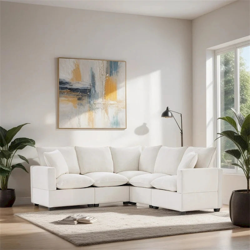 Divano componibile a L Black+Grey / White, in ciniglia, 4 posti, con 2 cuscini