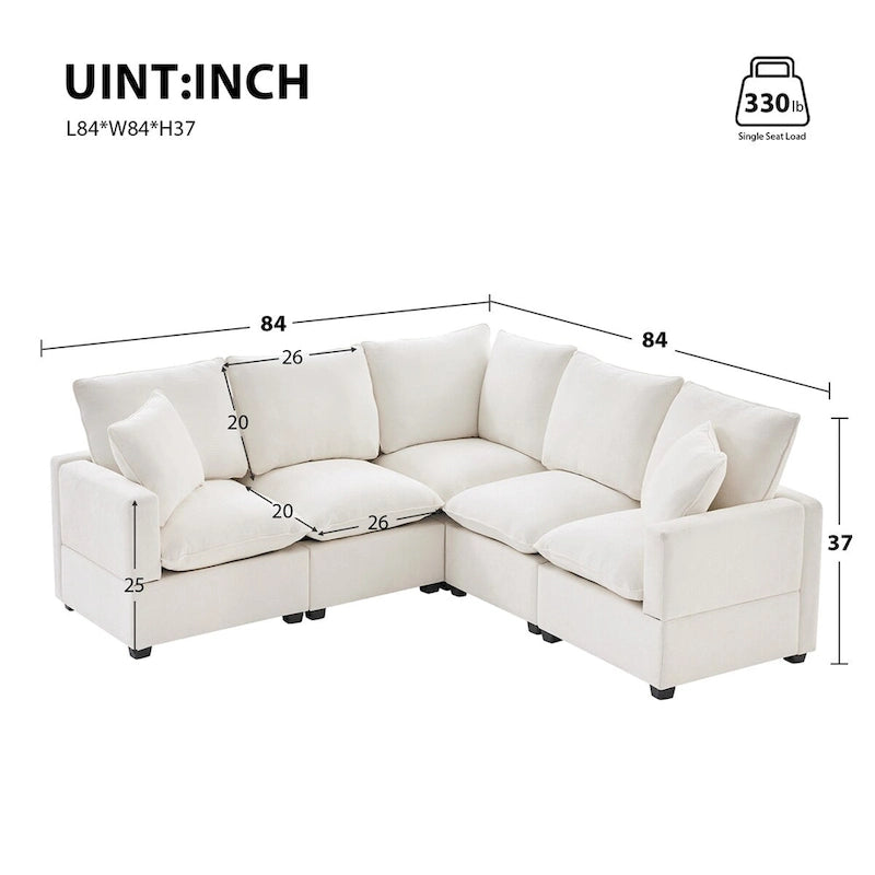 Divano componibile a L Black+Grey / White, in ciniglia, 4 posti, con 2 cuscini