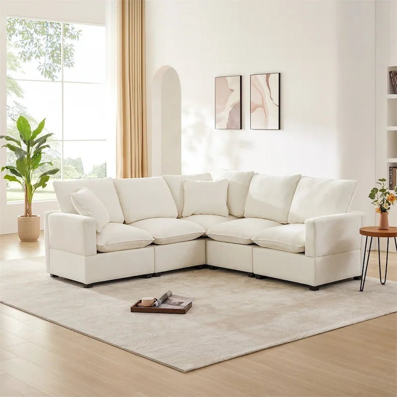 Divano componibile a L Black+Grey / White, in ciniglia, 4 posti, con 2 cuscini