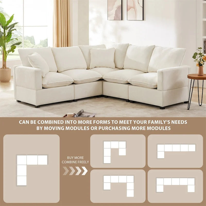 Divano componibile a L Black+Grey / White, in ciniglia, 4 posti, con 2 cuscini