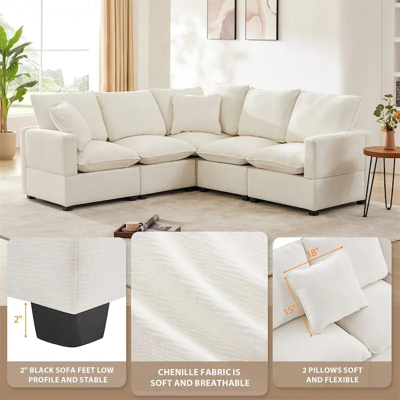 Divano componibile a L Black+Grey / White, in ciniglia, 4 posti, con 2 cuscini