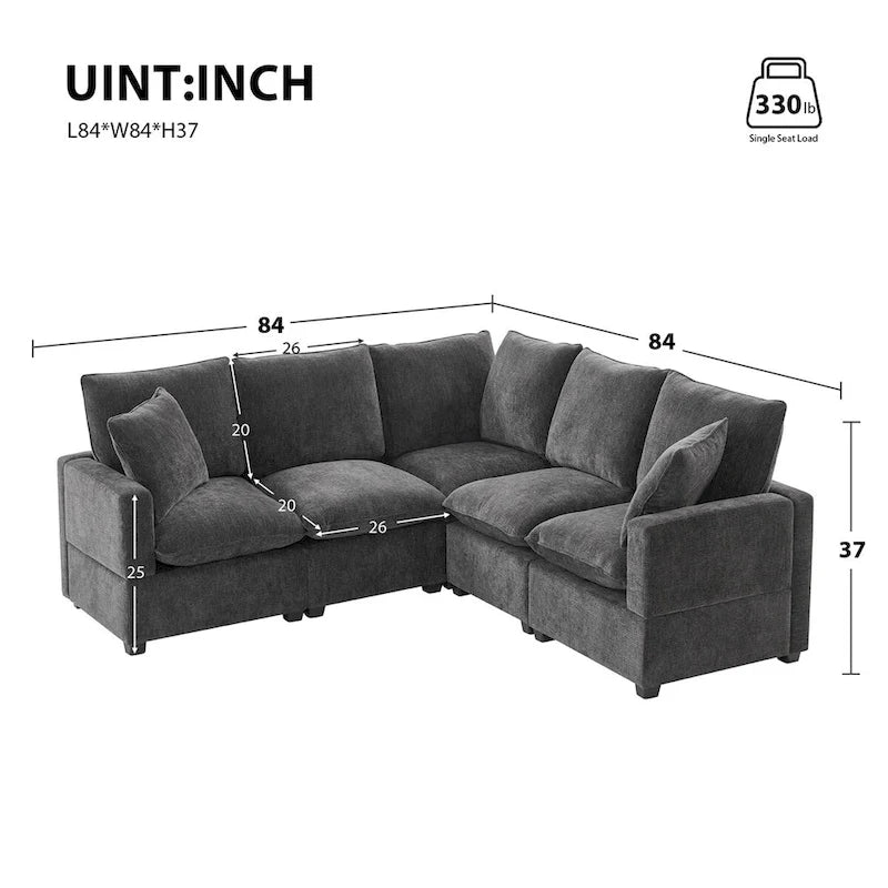 Divano componibile a L Black+Grey / White, in ciniglia, 4 posti, con 2 cuscini