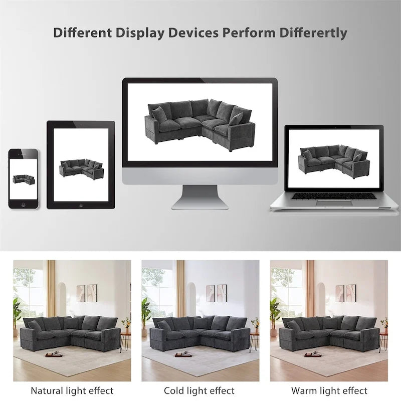 Divano componibile a L Black+Grey / White, in ciniglia, 4 posti, con 2 cuscini