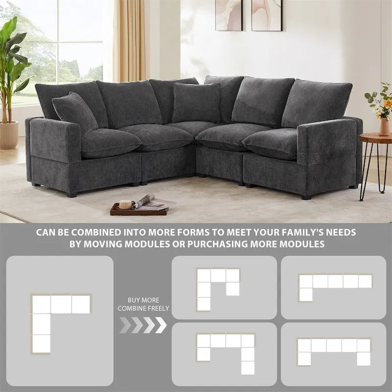 Divano componibile a L Black+Grey / White, in ciniglia, 4 posti, con 2 cuscini