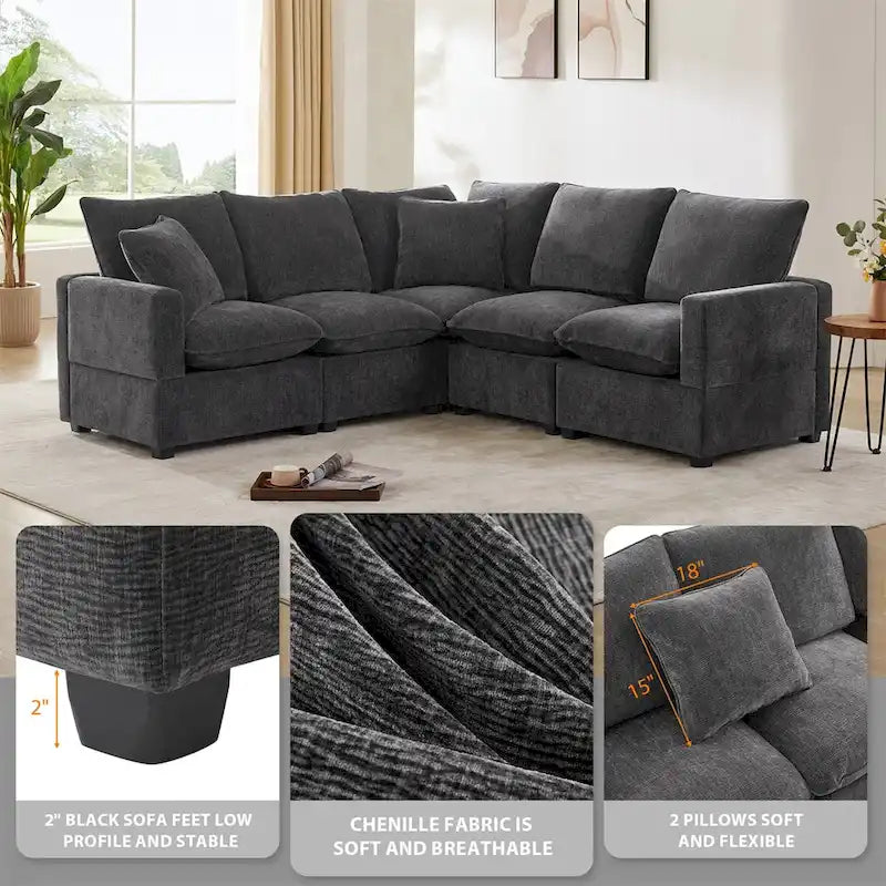 Divano componibile a L Black+Grey / White, in ciniglia, 4 posti, con 2 cuscini
