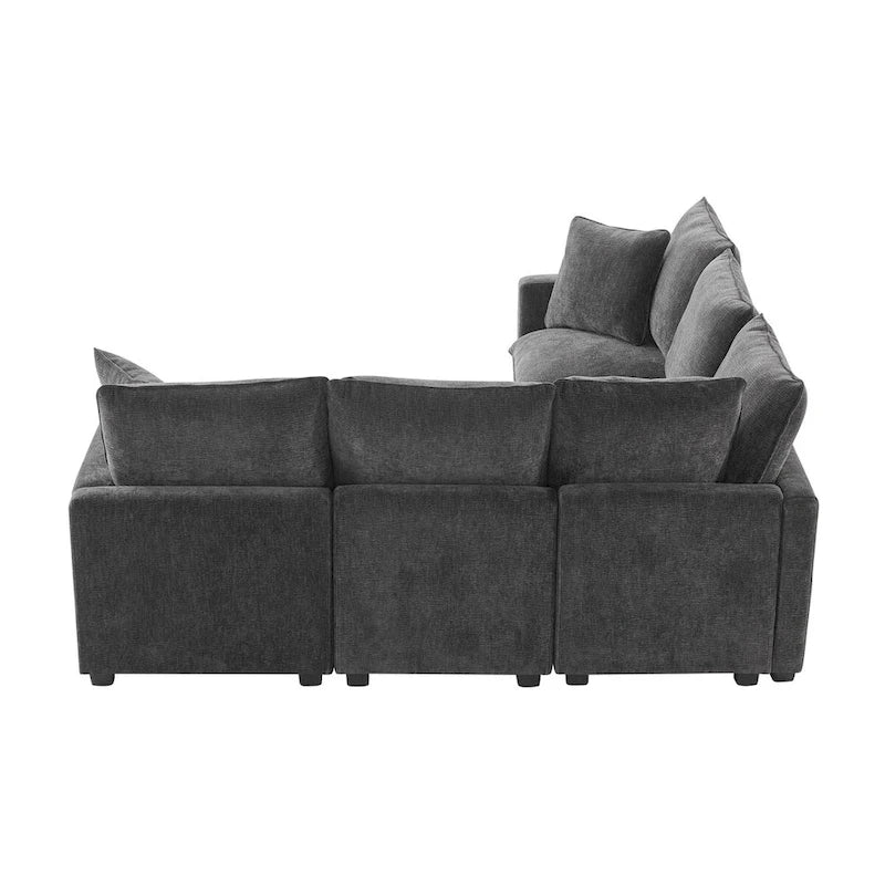 Divano componibile a L Black+Grey / White, in ciniglia, 4 posti, con 2 cuscini